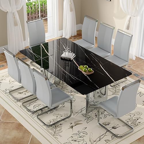 Miniatura 15 de Moderno juego de mesa de comedor para 6, 7 piezas, mesa rectangular de mármol sintético de 71 pulgadas con base de acero inoxidable plateado en