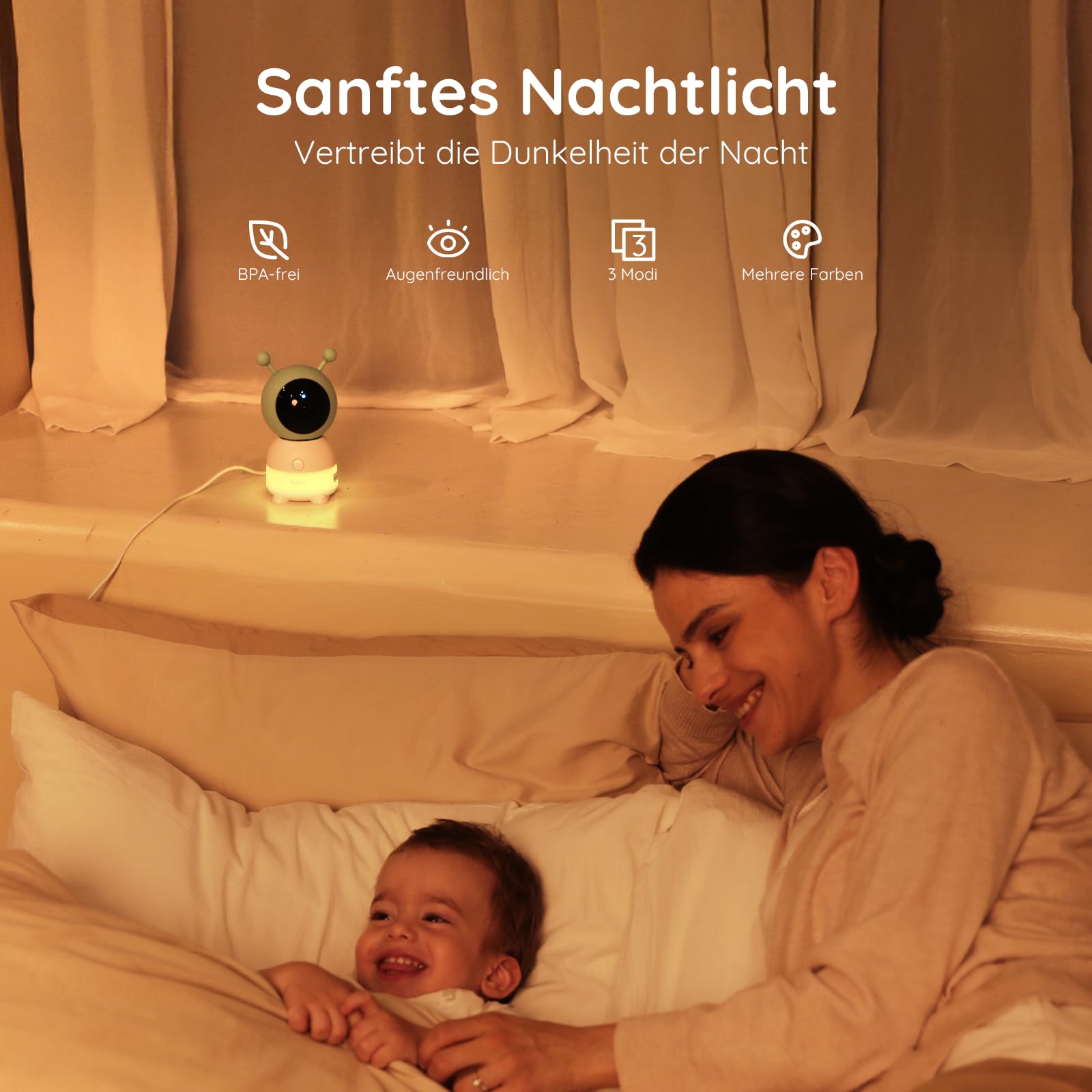 BOIFUN Babyphone mit Kamera 2K/3MP, Intelligentes Nachtlicht, 360 Gard WLAN Video Babyfon mit App, 4×Zoom, Bewegungsverfolgung, IR Nachtsicht, Weinen/Bewegungs/Geräuscherkennung, Temperaturerkennung