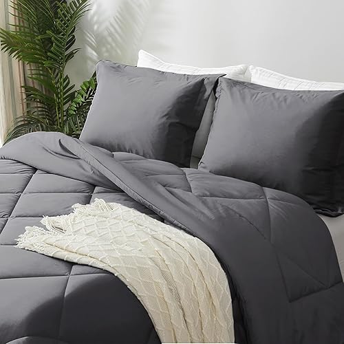 Miniatura 3 de JOLLYVOGUE Juego de edredón tamaño Queen, color gris oscuro, juego de cama reversible en una bolsa para todas las estaciones, juego de cama de 3