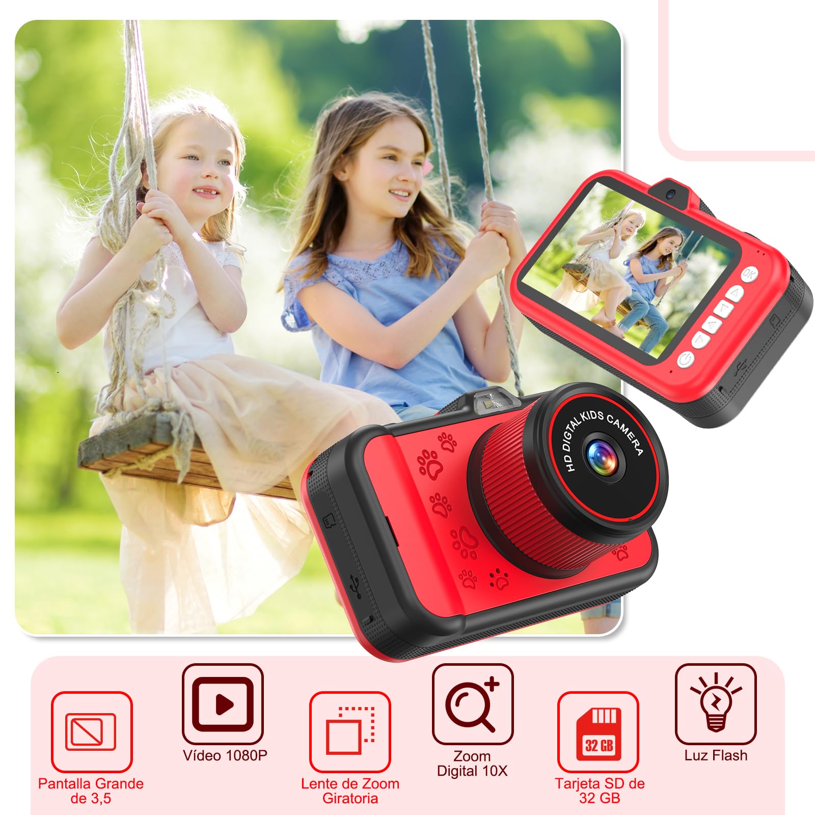 Camara Fotos Infantil, Pantalla Grande 3,5", Zoom Giratorio 360°, Camara Digital Video Niños 1080P HD con Selfie, Flash LED, Tarjeta SD 32G, Regalo para niñas y niños 3 4 5 6 7 8 9 10 11 12 años(Rojo)