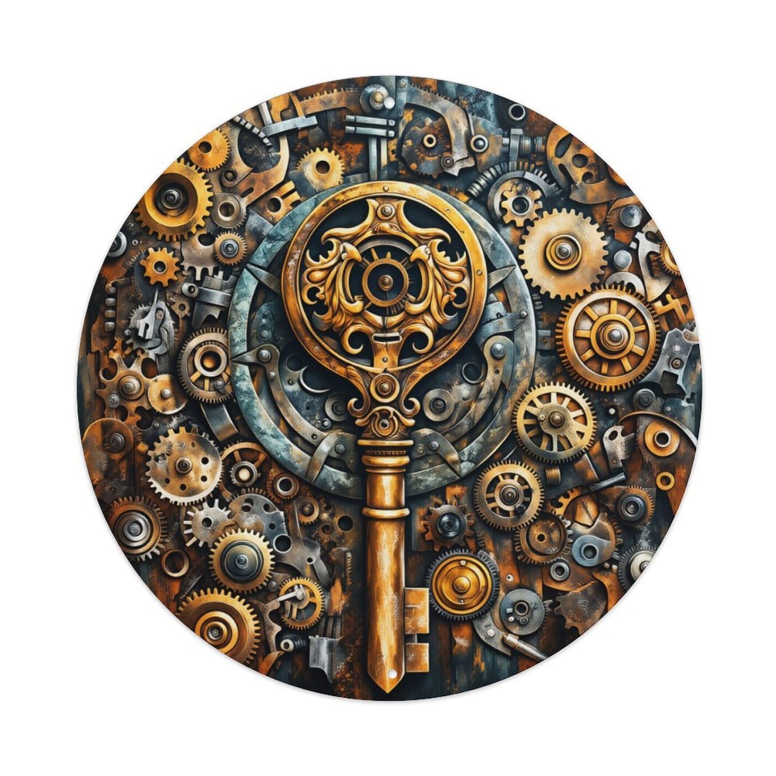 Steampunk Gear Key Artwork Round Tin Sign Retro Metal Sign for Cafe Bar Pub Home Game Room Gym Club Wall Decoration Vintage Metal Poster 8x8 Inch