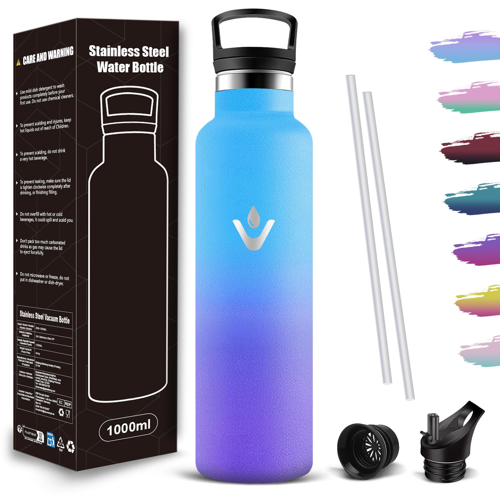 Mujigaga Insulated Water Bottle, 1L Stainless Steel Sports Bottle, BPA Free, Double Insulated, Stainless Steel Insulated Water Bottle, Leakproof Water Bottle with Straw for Camping, Office, Sport