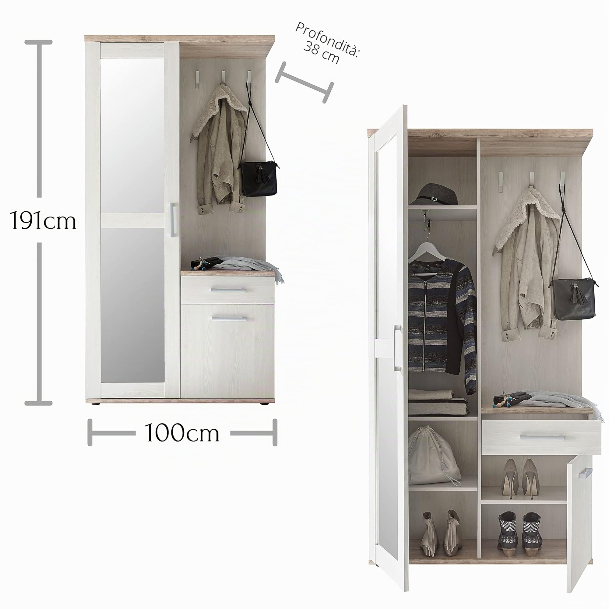 Stella Trading Romance, Set da corridoio in Stile, Elegante Appendiabiti Compatto con Specchio per Il Vostro Ingresso, larice Sibiu/Rovere San Remo, 100 x 191 x 38 cm