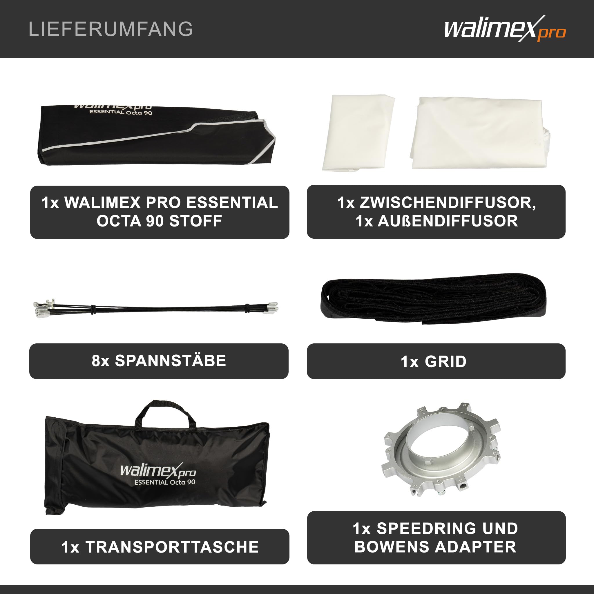 Walimex pro Essential Softbox Octagon 90cm, um 360° drehbar, einfacher Aufbau, inkl. Grid, Bowens Adapter und Transporttasche, ideal für Porträts und Beauty-Aufnahmen