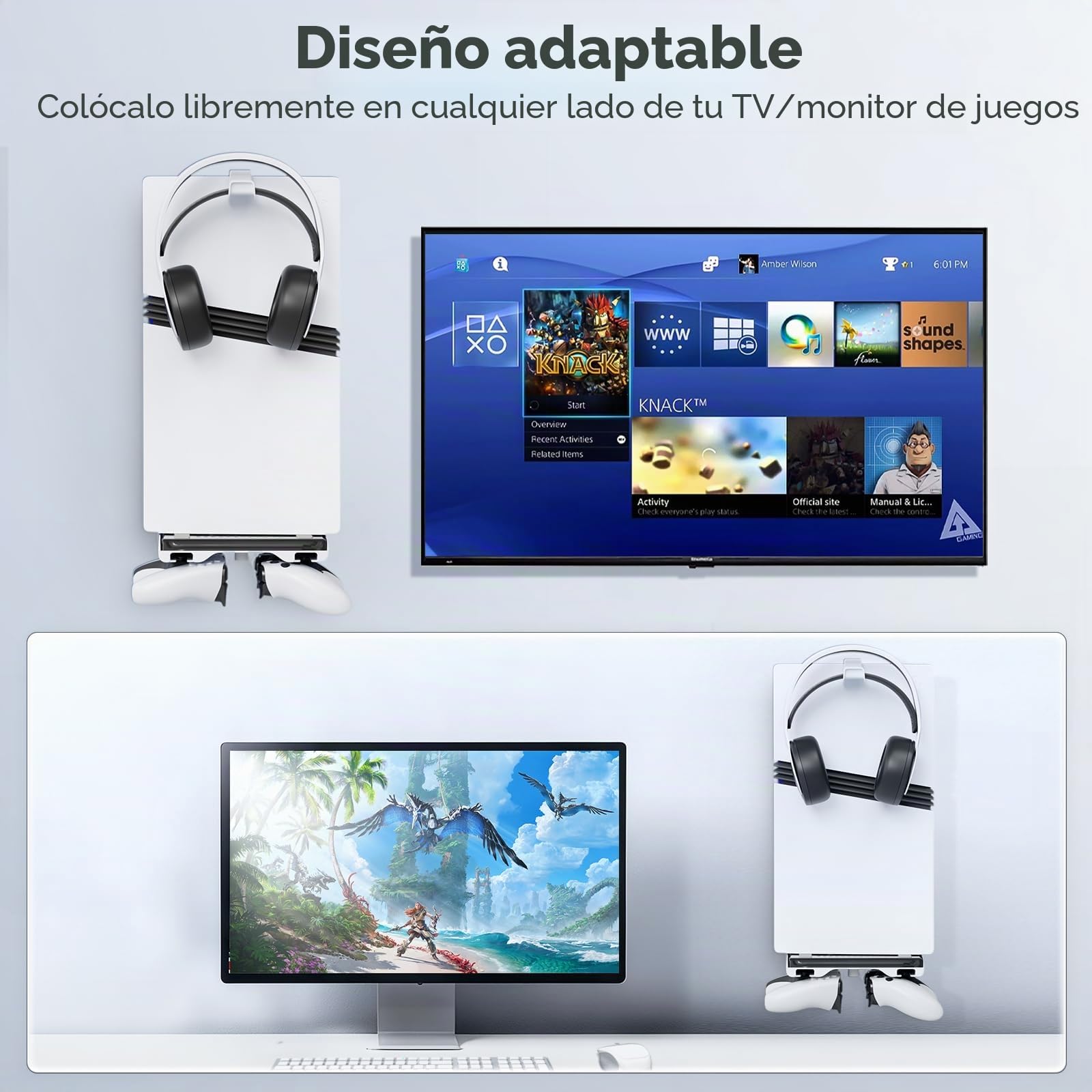 Soporte de Pared para PS5 Compatible con Consolas P5/Slim/Pro, Soporte Vertical para PS5 para Base Mando P5, Kit de Montaje en Pared para PlayStation 5 Accesorios con Gancho Auriculares, Blanco