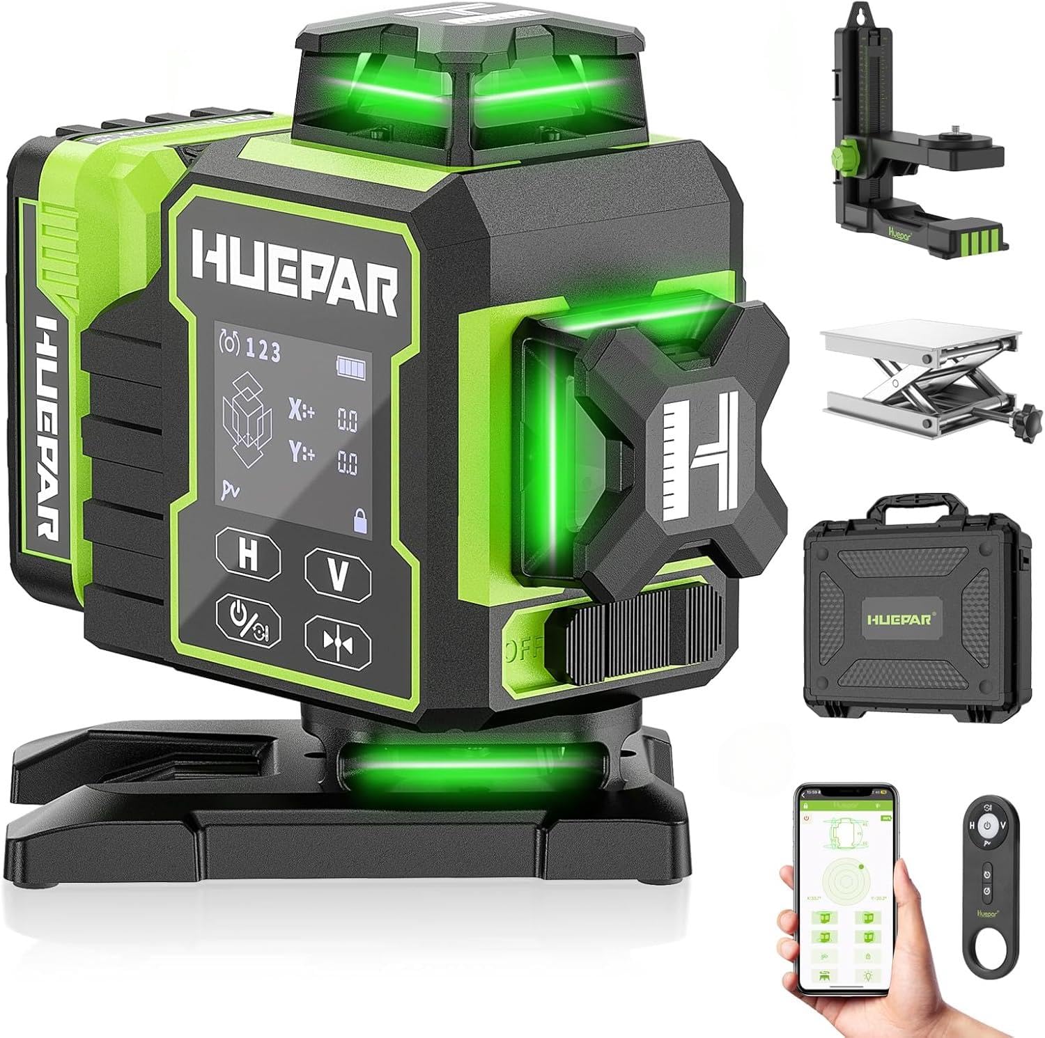 Huepar 2024 New Edition W04CG 4D Laser Level, LCD Display, Rotating Motor Base, 360° Self-Leveling Cross Line - Bluetooth Remote Control, High Precision Laser Level, Pulse Mode