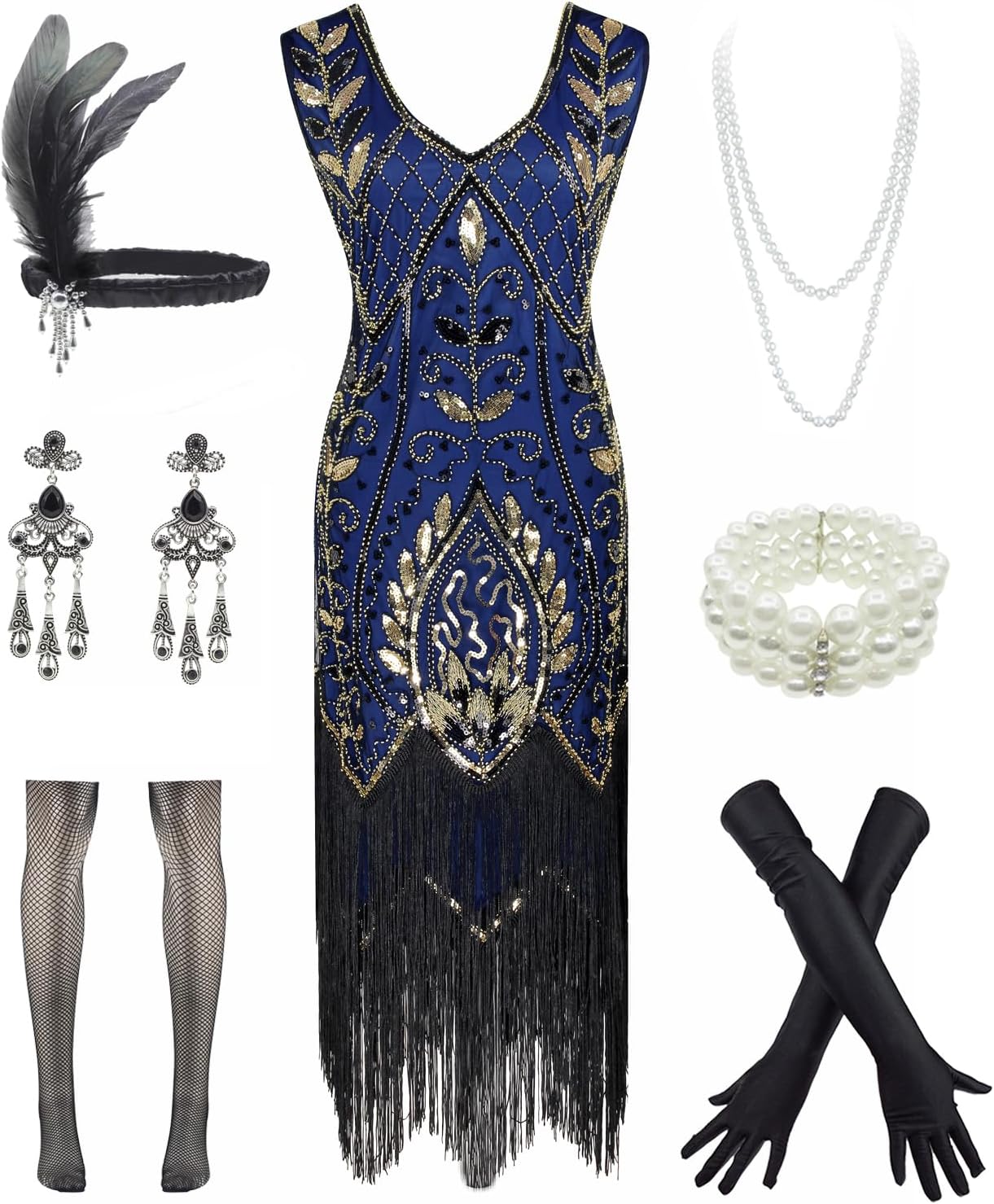 Women 1920S V Neck Sequined Beaded Gatsby Flapper Dress with 20s Accessories Set