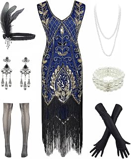 Women 1920S V Neck Sequined Beaded Gatsby Flapper Dress with 20s Accessories Set
