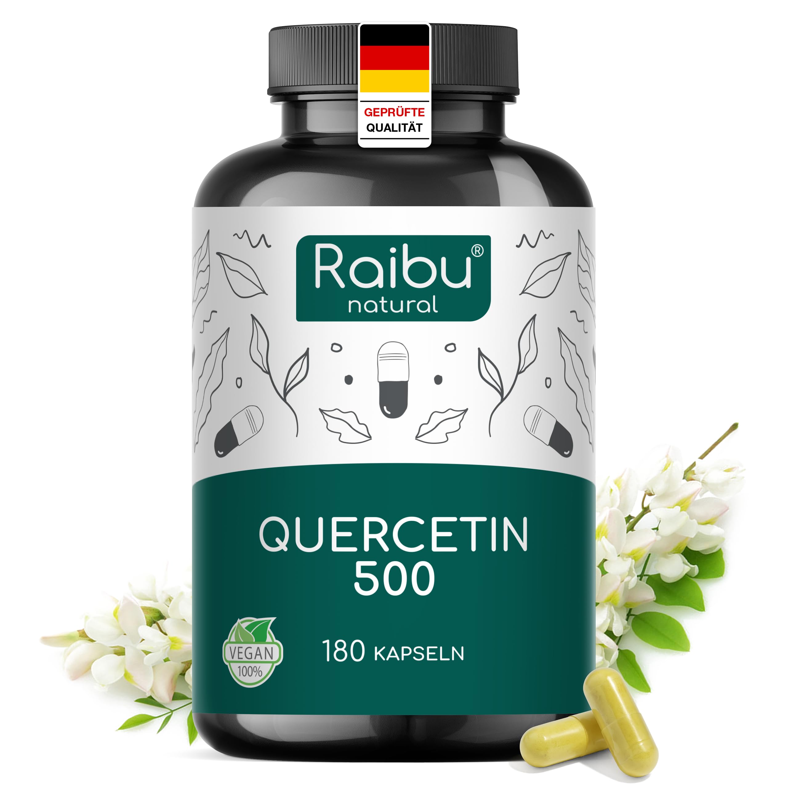 Quercetin Hochdosiert - 180 Kapseln - 500 mg Quercetin pro Kapsel - Vorrat für 6 Monate - Hochwertiger Rohstoff: Japanischer Schnurbaum - Ohne Zusätze & Vegan- Raibu