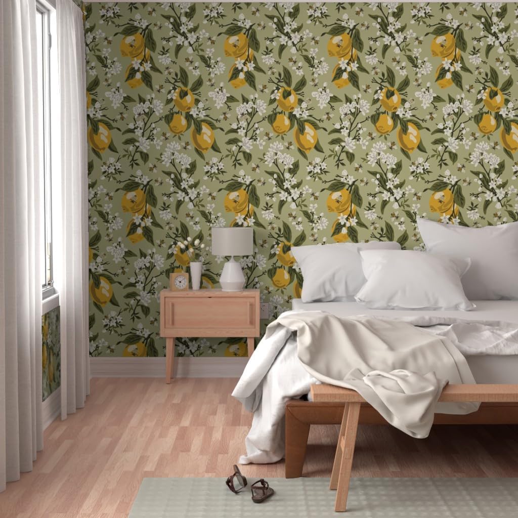Peel & Stick Wallpaper 3ft x 2ft - Bees Lemons Green Large Leaves Colored Corrected 21 Nature Citrus Traditional Custom Removable Wallpaper by Spoonflower