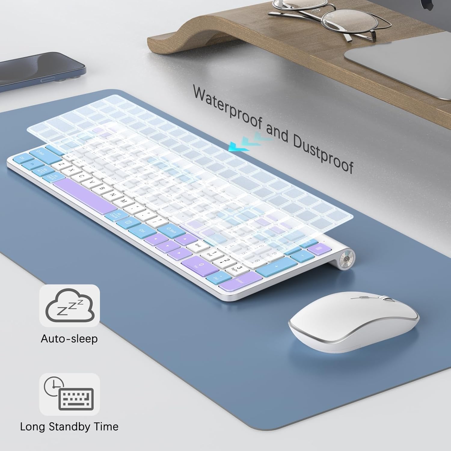 JOYACCESS Wireless Keyboard and Mouse Combo, Typewriter Ergonomic Wireless Keyboard with Number Pad and Computer Mouse for PC Laptop Desktop Computer - Purple Blue