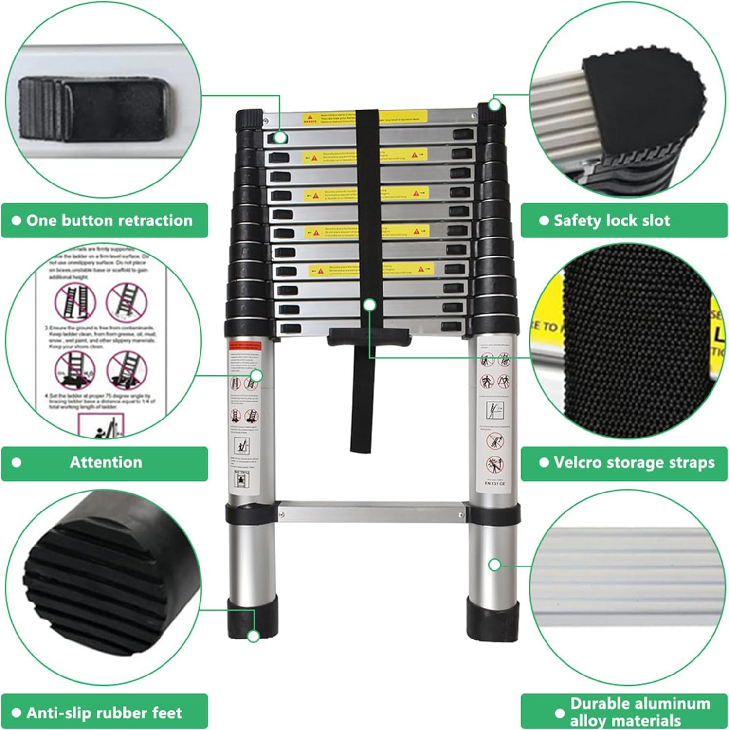 Folding Telescoping Ladder 12.5FT Aluminum Extendable Ladder One Button Retraction Multi-Use 330 Lb Capacity