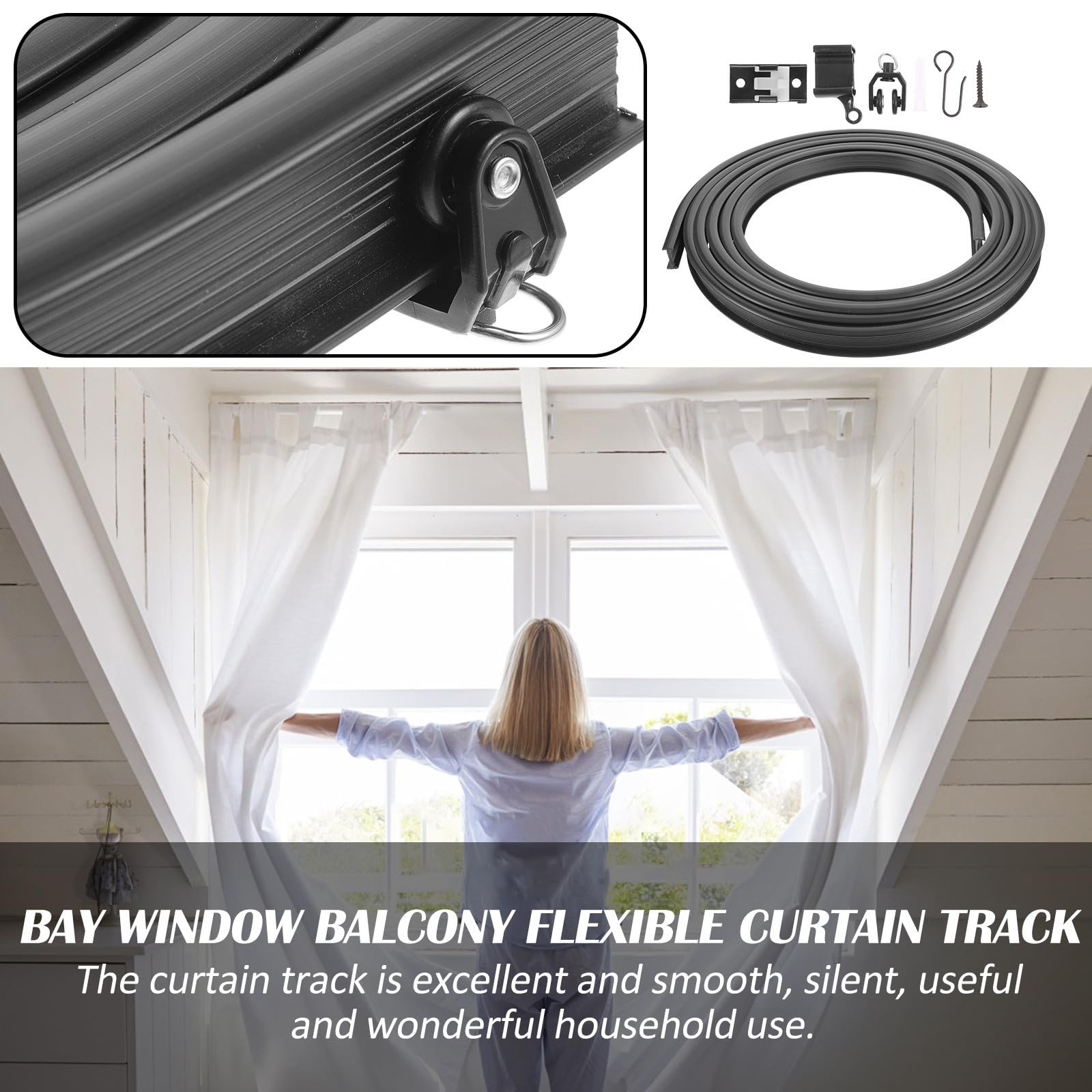 ULTECHNOVO Rail de Rideau Courbe Noir 5m, Flexible, 1 Set PVC Acier