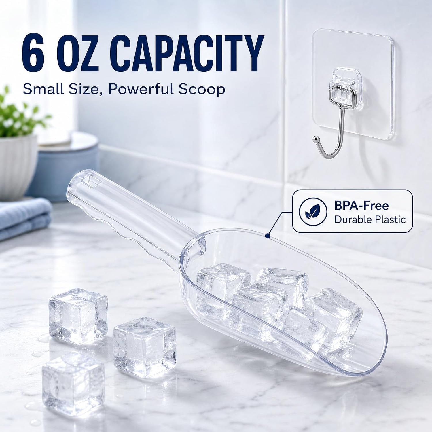 4 oz Plastic Ice Scoop With Hook, Large Round Mouth, White