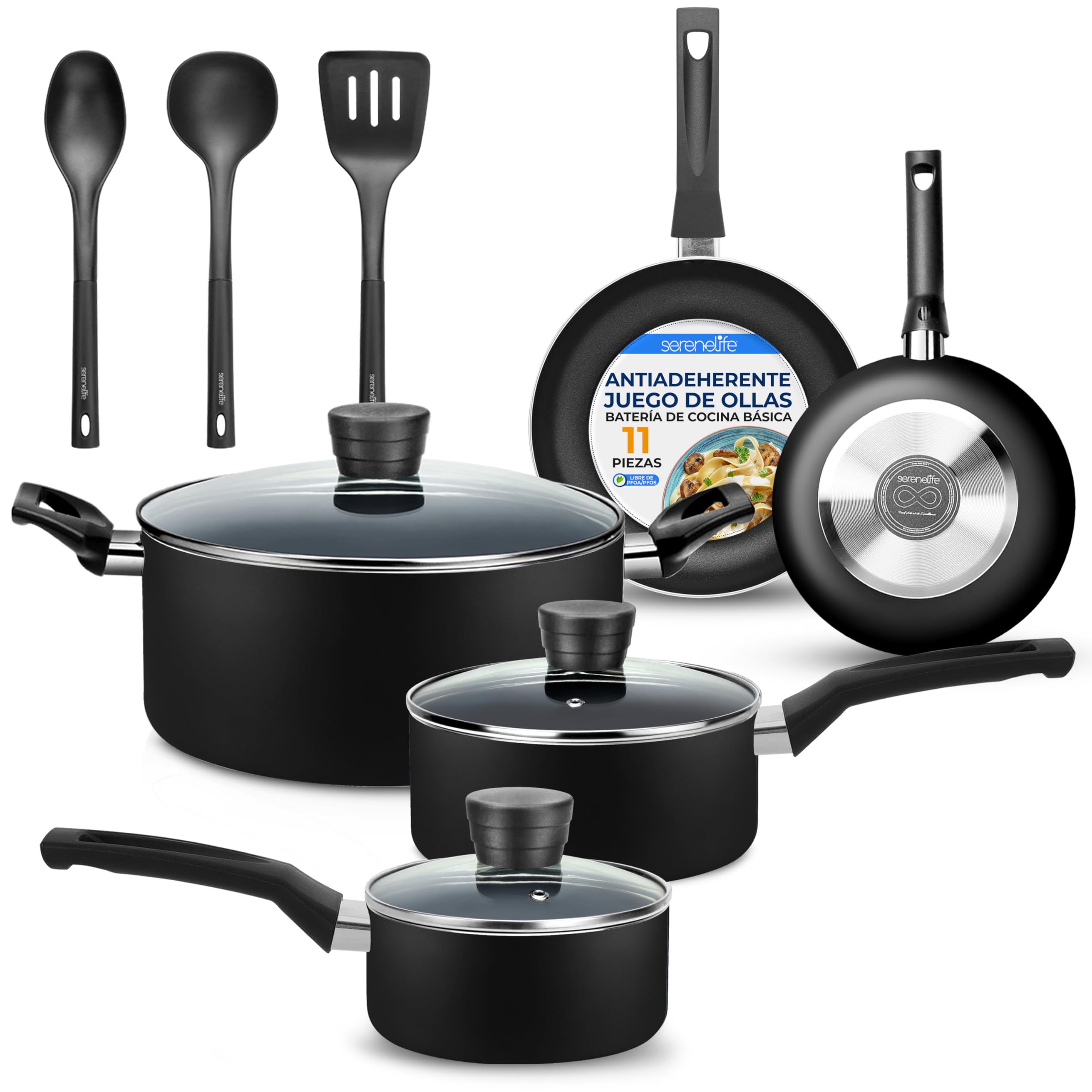 SereneLife juego de cocina de 11 piezas, Ollas y sartenes, Recubrimiento antiadherente negro en el interior, Lacado resistente al calor