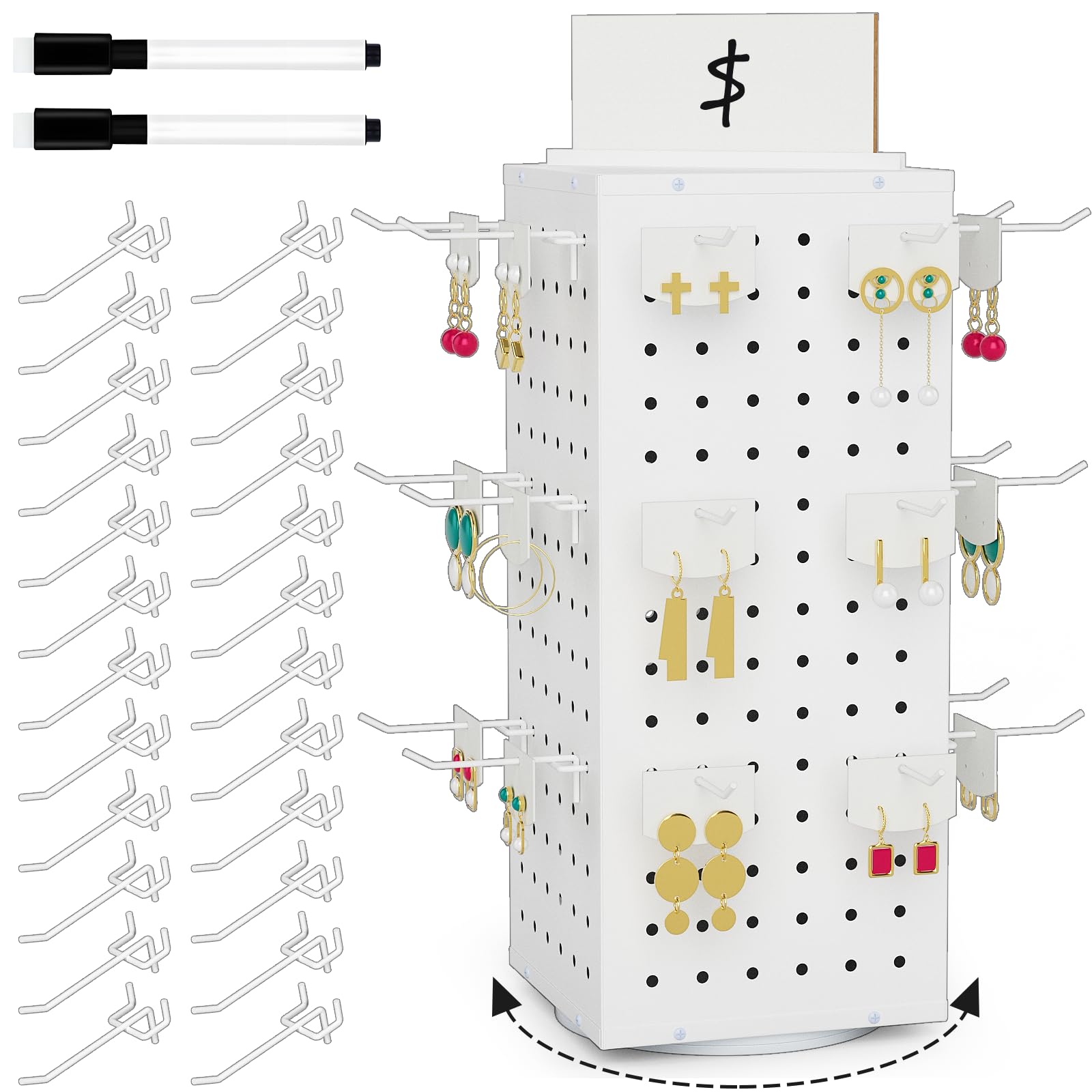 VACONICO Rotating Pegboard Display Stand with 24 Hooks, Tabletop Metal Peg board Shelf for Craft Shows & Fairs, Retail Stores, Vendors Arts and Crafts Finishing - 4-Sided Craft Rack Organizer (White)