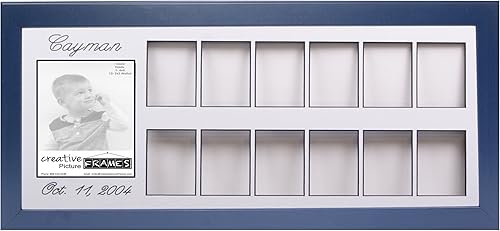 Marco de fotos personalizado para los primeros 12 meses de 12 meses para bebé, 12 x 22 pulgadas, color azul caramelo con soporte y colgador