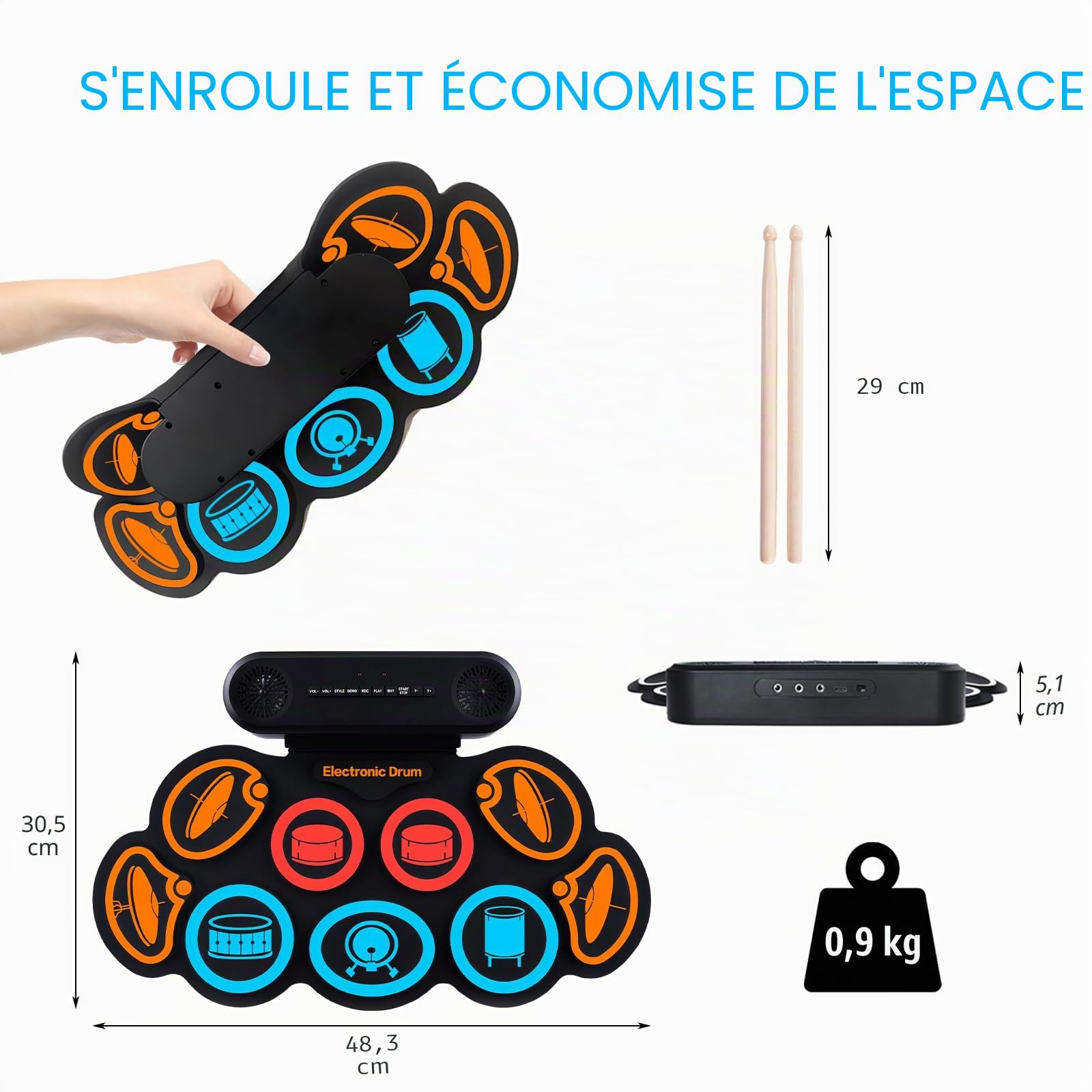 Kit de batterie électronique, 9 coussinets d'oreille enroulables, kit de tampon de batterie électrique avec prise casque, 10 heures de lecture, haut-parleur intégré (Couleur)