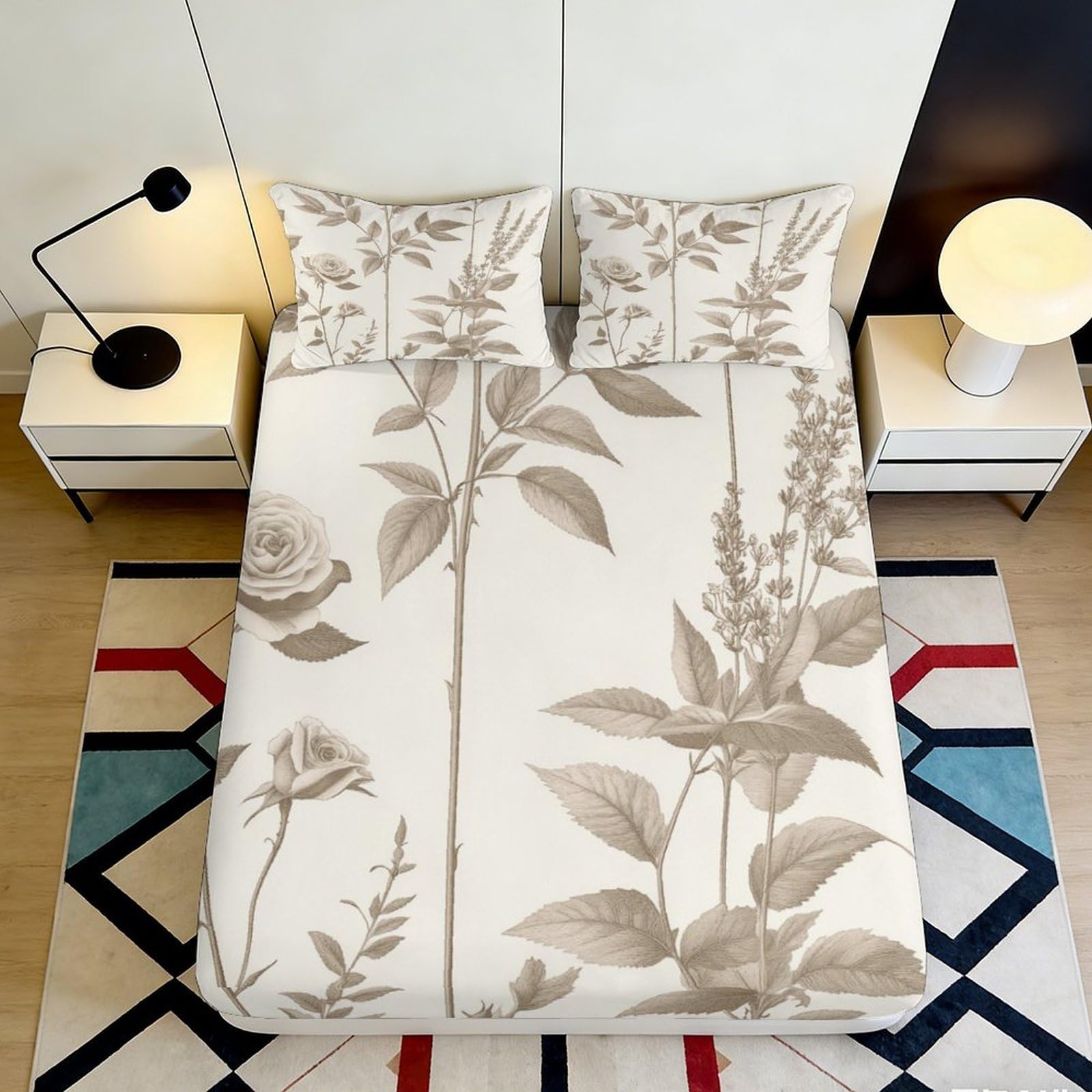 3D Printed Botanical Leaf Fitted Sheet Microfiber Soft Beige Floral Mattress Cover for Bedroom Dorm Decor 90x200x25cm