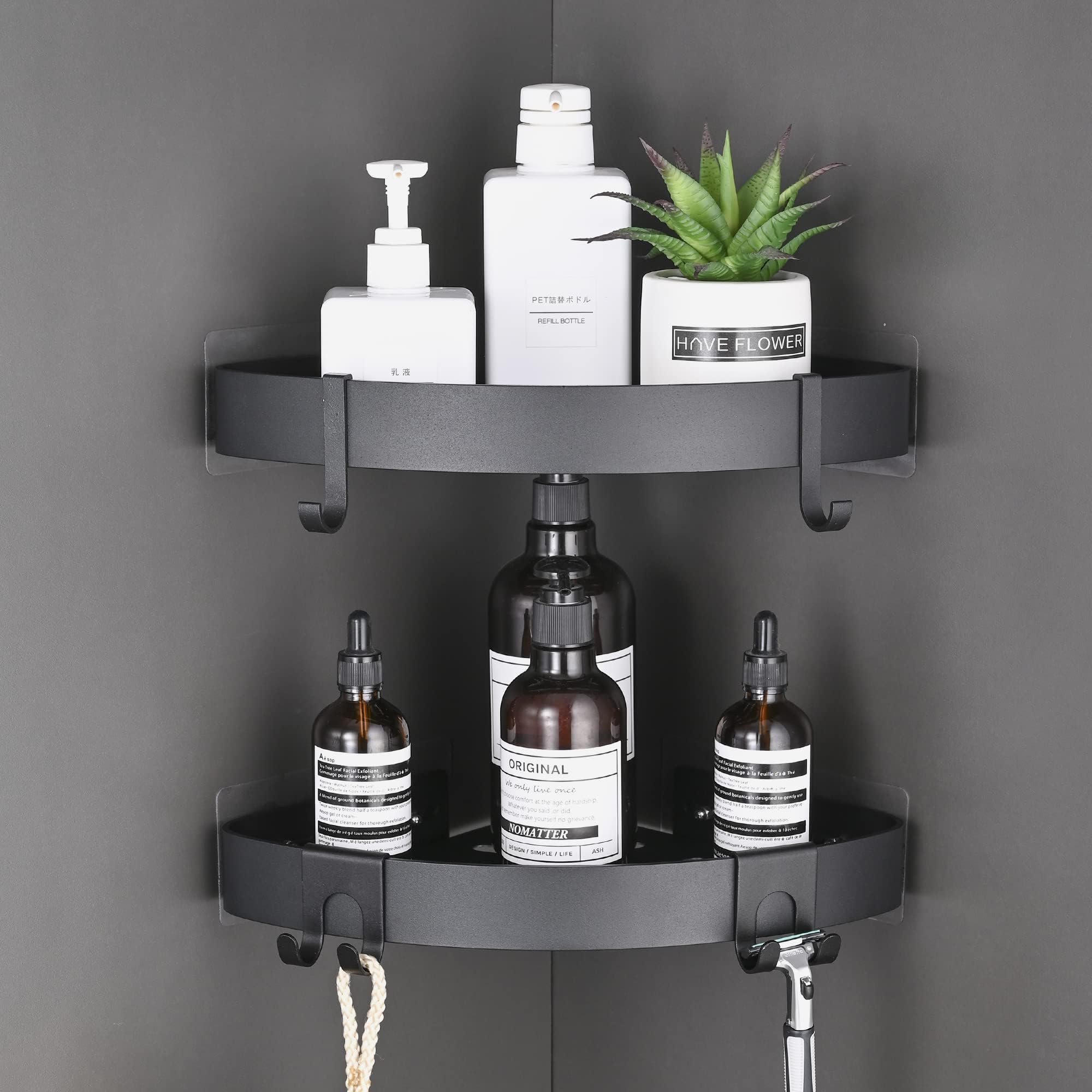 TRUSTLIFE Bathroom Corner Shelf Black Adhesive Shower Caddy Organiser Space Aluminum Wall Mounted Bath Shelves No Drilling with Hooks for Wetroom - 2 Pack