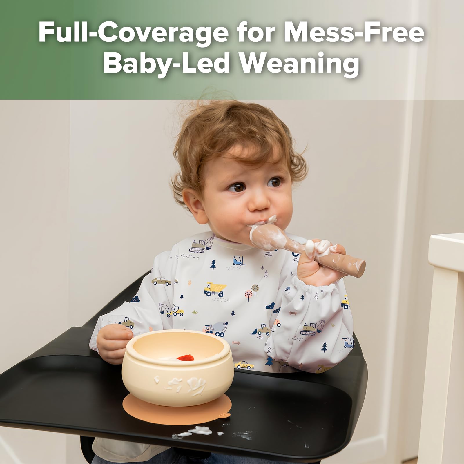 haakaa Waterproof Long Sleeve Baby Bib, Mess-Free Smock Bib with Deep Pocket for BLW Feeding Painting & Play - Image 2