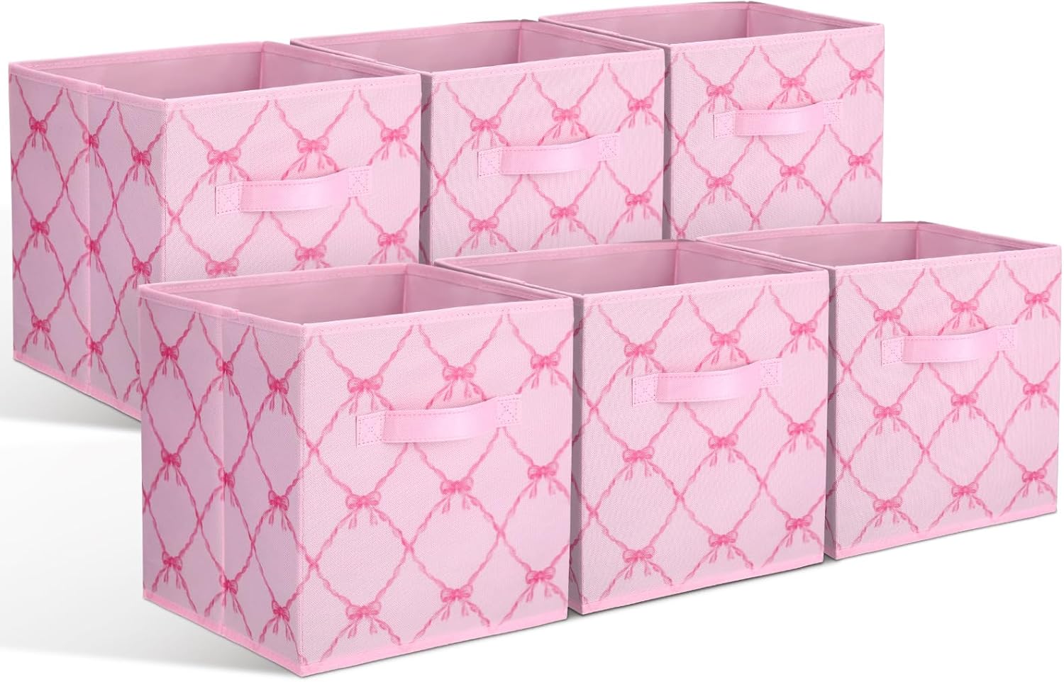 Geelin 6 Pcs Pink Bow Cube Storage Bins 11 Inch Storage Basket with Handle, Preppy Girls Organizer Basket, Collapsible Fabric Box for Classroom Bedrooms Office Home Decoration Gift