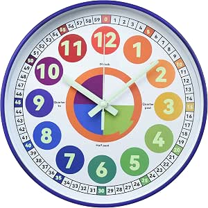Learning Clock for kids, Glow in The Dark Wall Clock for Bedroom, 12 Inch Silent Night Light Kids Wall Clock, Colorful Illuminated Telling Time Teaching Clock,K