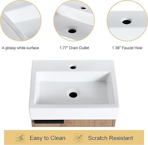 Miniatura 3 de Malwee Tocador de baño flotante de 18 pulgadas con lavabo, Tocador de baño de lavabo individual de 18 pulgadas montado en la pared, con 1 puerta