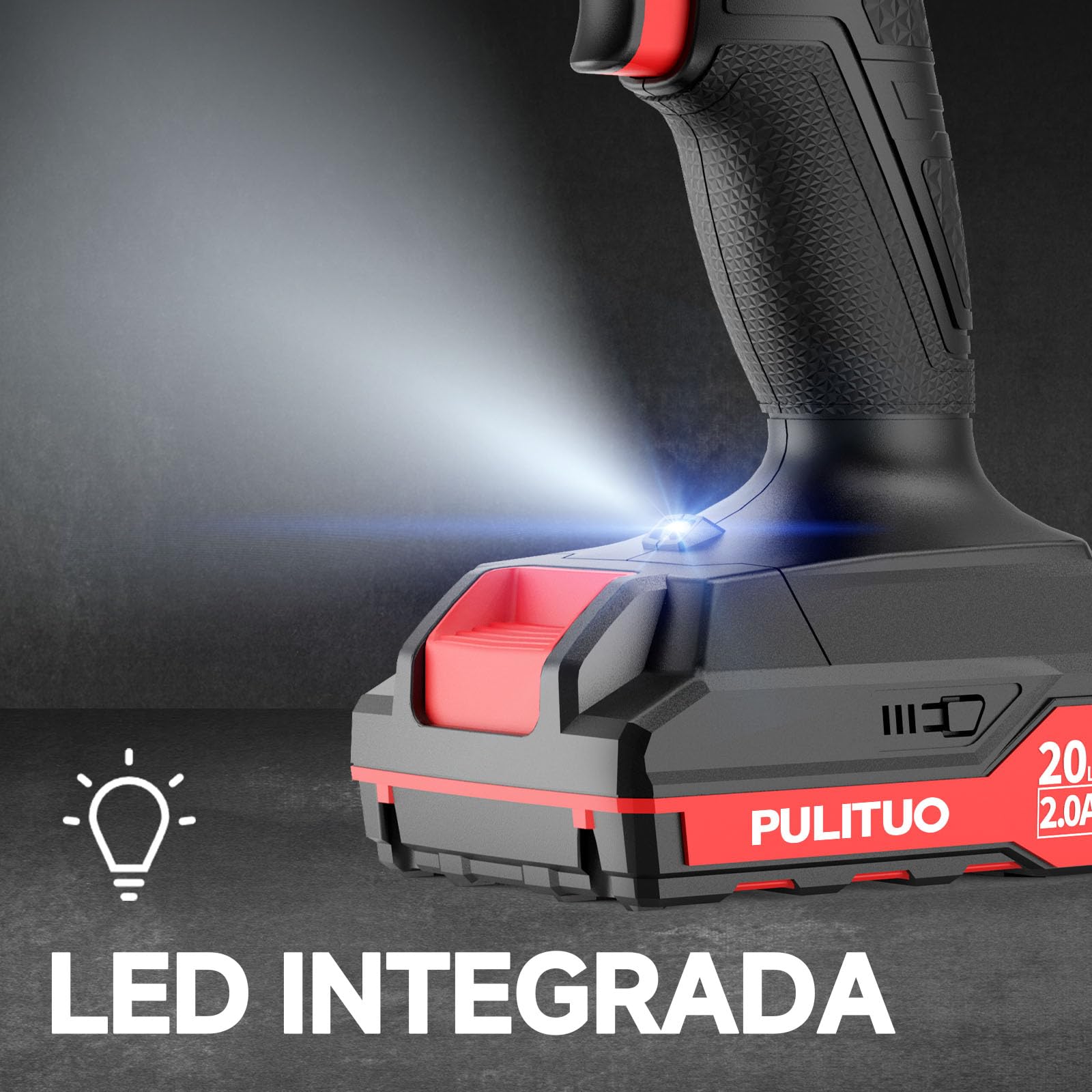 PULITUO 20V Taladro Percutor a Batería, Taladro Atornillador Batería c/ 2x2,0Ah, Portabrocas de 3/8", 2 Velocidades, 21+1 Pares, Con Set de Accesorios de 42 Piezas, Kit de Reparación Doméstica