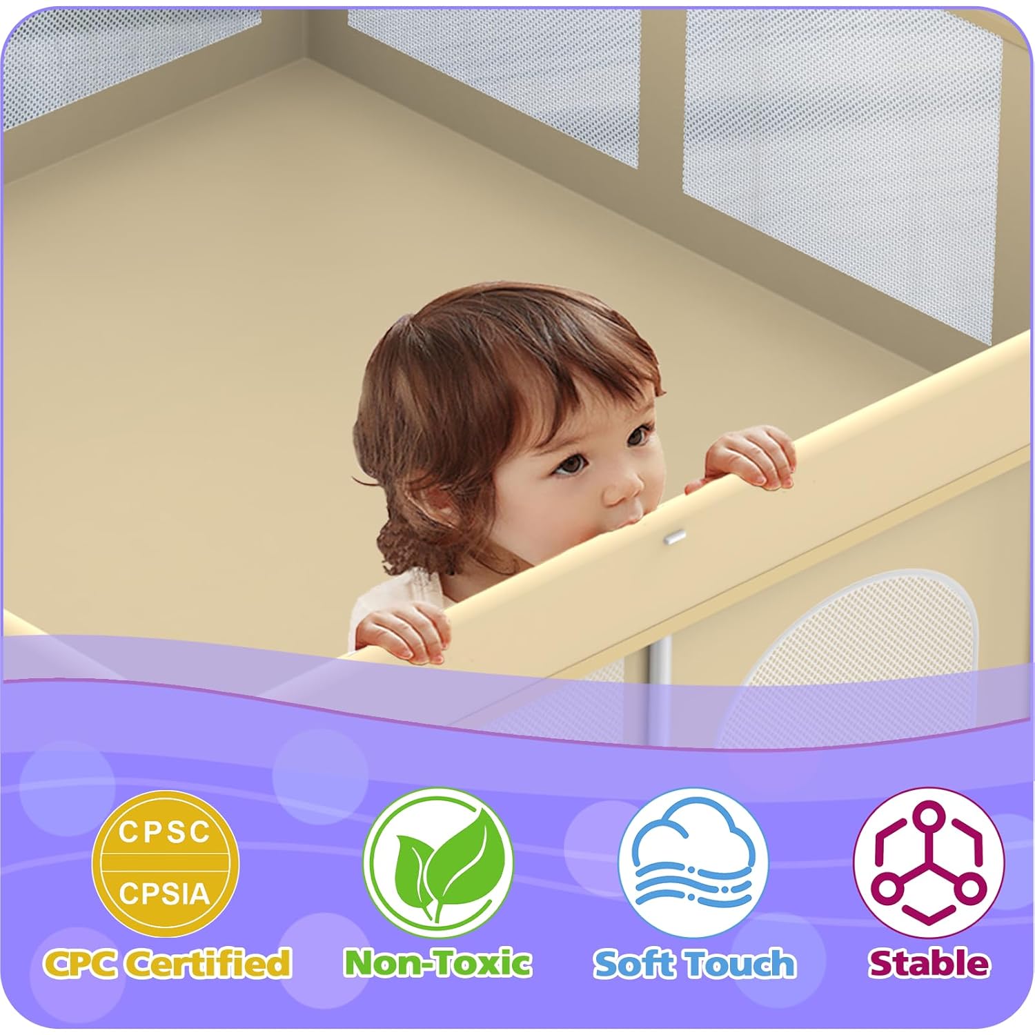 Foldable Large Playpen for Babies and Toddlers, 71"×71" Portable Playard with Carry Bag & 150 Ocean Balls, Indoor & Outdoor Baby Fence with Thick Mesh, No Assembly Required, Mat Not Included, Beige