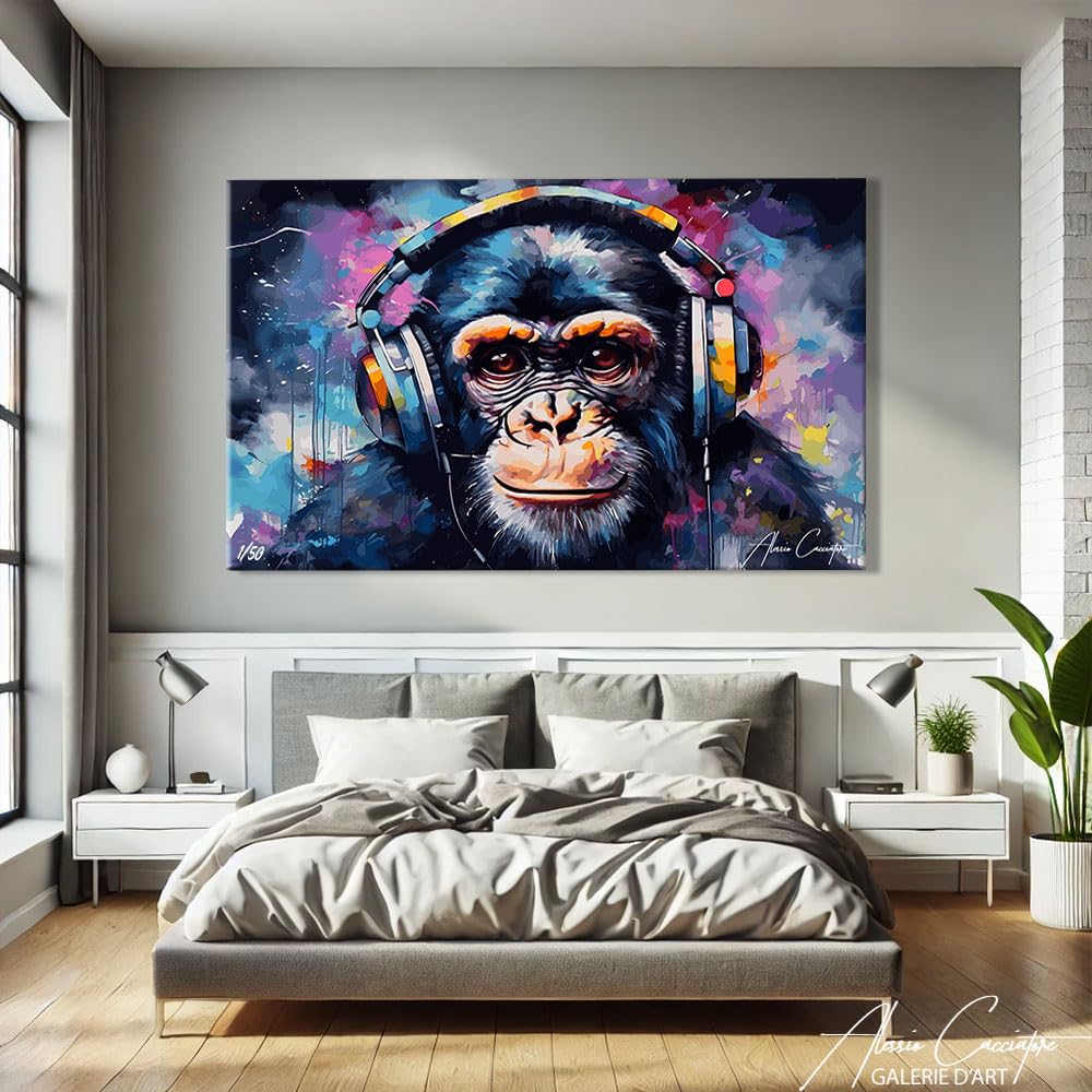 Alessio Cacciatore Tableau Singe Moderne - Cadre Décoration Murale Musique - Toile Décoration Dj - Impression Sur Toile Musique - Tableau Singe Pop Art Avec Cadre - Idee Cadeau Dj (40x30cm)