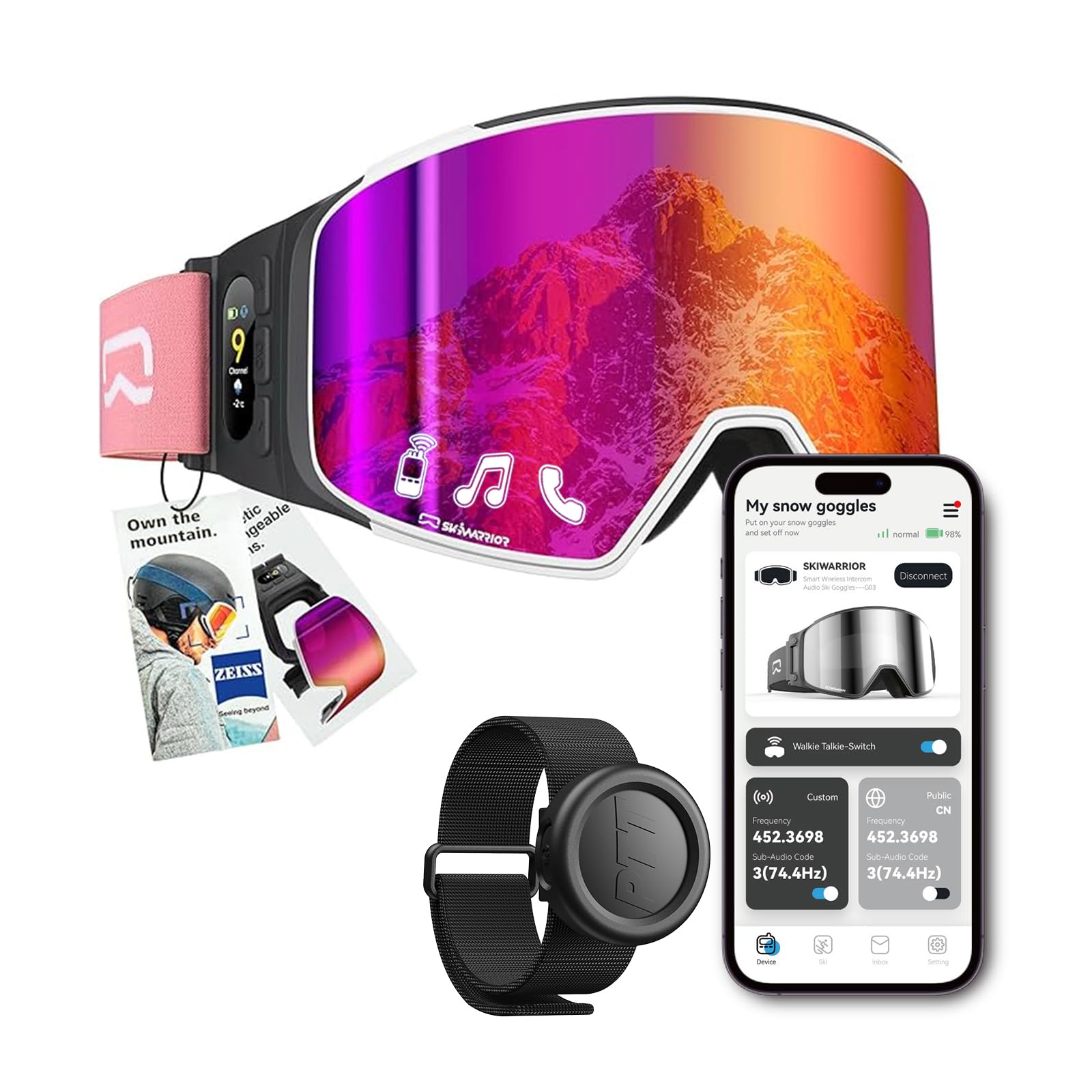 SKIWARRIOR Multifunctional Smart Bluetooth Ski Goggles with Walkie-Talkie, Anti-Fog Zeiss Lens, Music & Call Function