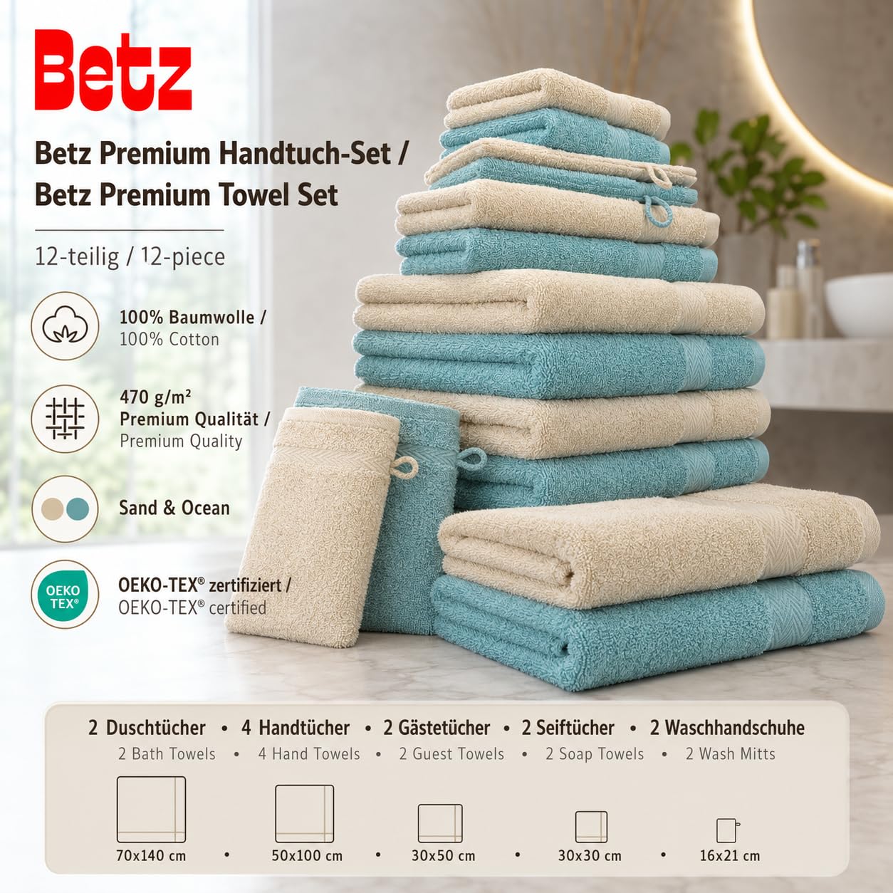 Betz set di 1 asciugamani Premium 100% cotone 2 teli doccia 4 asciugamani 2 asciugamani per ospiti 2 guanti da bagno 2 lavette