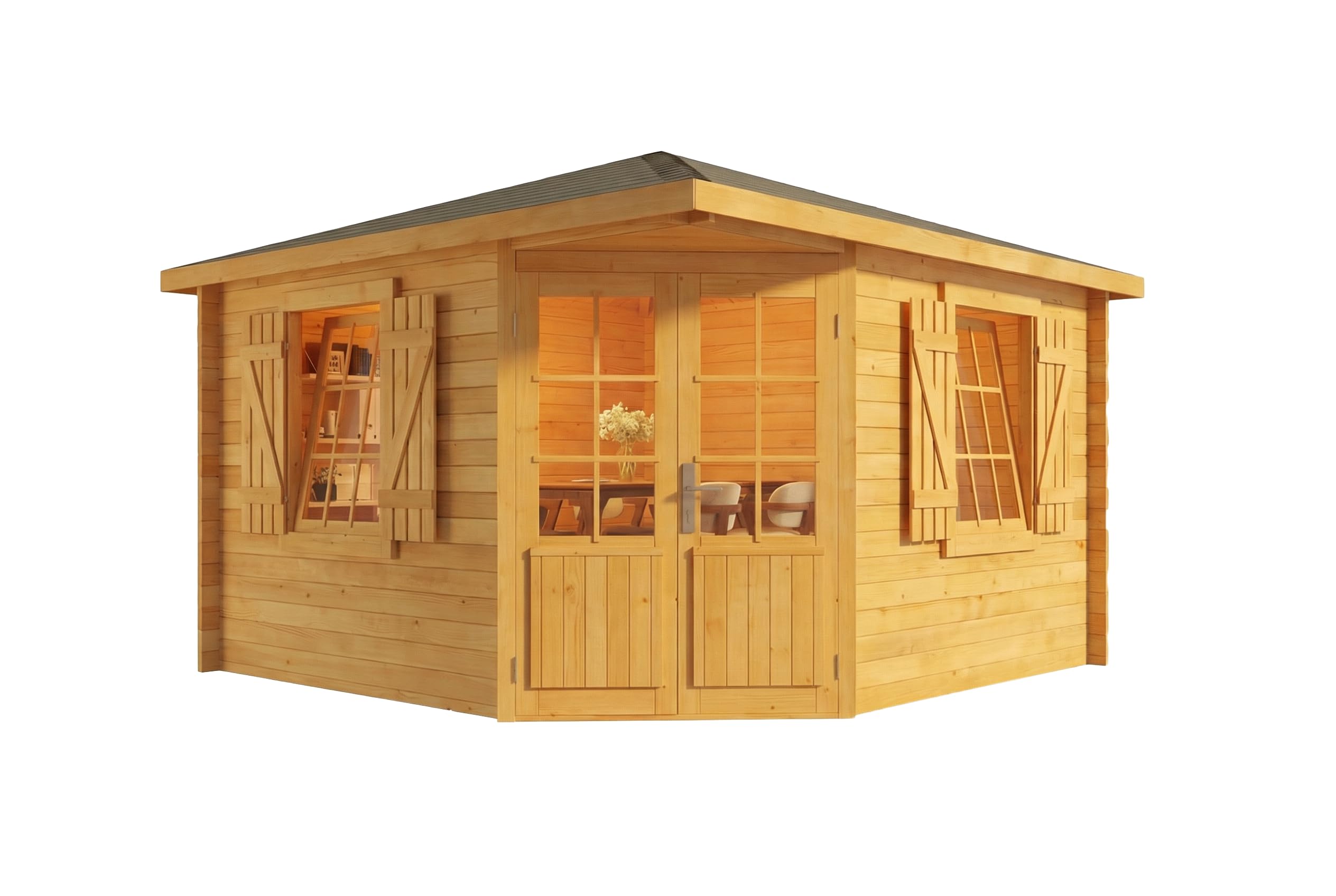 Alpholz 5-Eck Gartenhaus Monica Royal Gartenhaus aus Holz in Pinie, Holzhaus mit 28 mm Wandstärke, Blockbohlenhaus mit Montagematerial