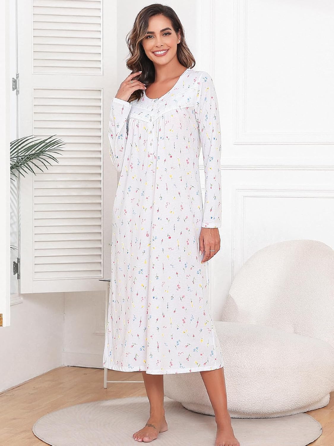 Long Cotton Nightgowns for Women Long Sleeve Night Gowns Women's Sleepwear Full Length Nightdress Soft Loungewear - Image 4