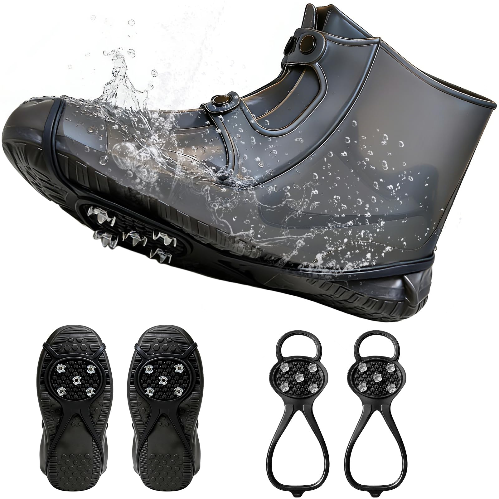 ARKFUSION Silicone Waterproof Rain Shoe Covers with Ice Grips, Reusable Upgraded Snow Spikes for Shoes, Anti-Slip Cleats for Rain, Snow & Mud (Black,