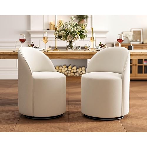 Wahson Velvet Swivel Dining Chair Set of 2, Modern Upholstered Barrel Accent Chair with 360 Degree Rotation, White Vanity Chair for Dining/Living Room, Bedroom, Makeup Room