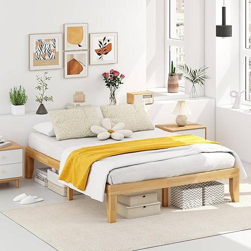 Miniatura 28 de KOMFOTT Base de cama de plataforma de madera de 14 pulgadas, tamaño individual, base de colchón de madera con marco de madera de goma, fuerte Marrón