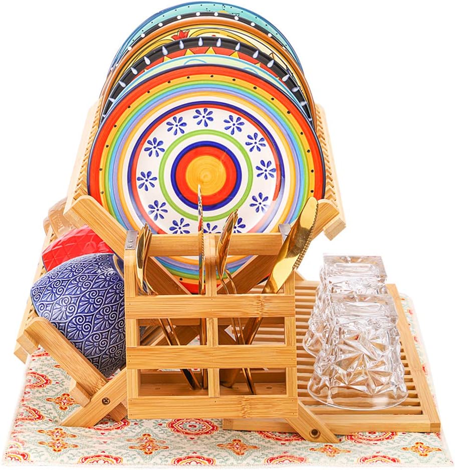 Bamboo Dish Rack, Dish Drying Rack Large, 3 Tier Bamboo Dish Holder, Collapsible Dish Drying Holder, Dish Drainer with Utensil Holder, Dish Organizer, Foldable, Large, Drying Mat included
