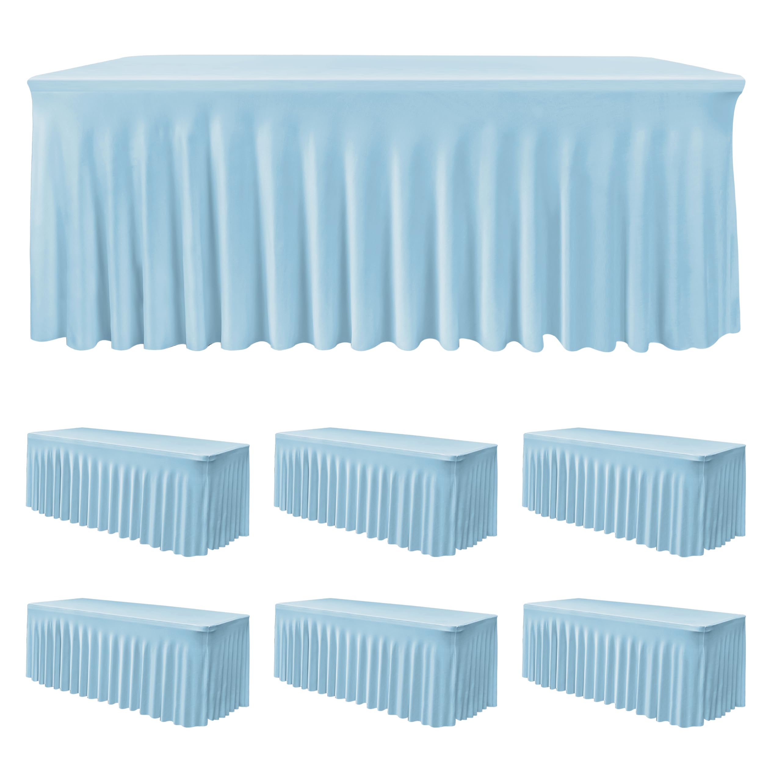 6 Pack Baby Blue Spandex Table Covers 6ft Rectangle Ruffle Skirts for Party