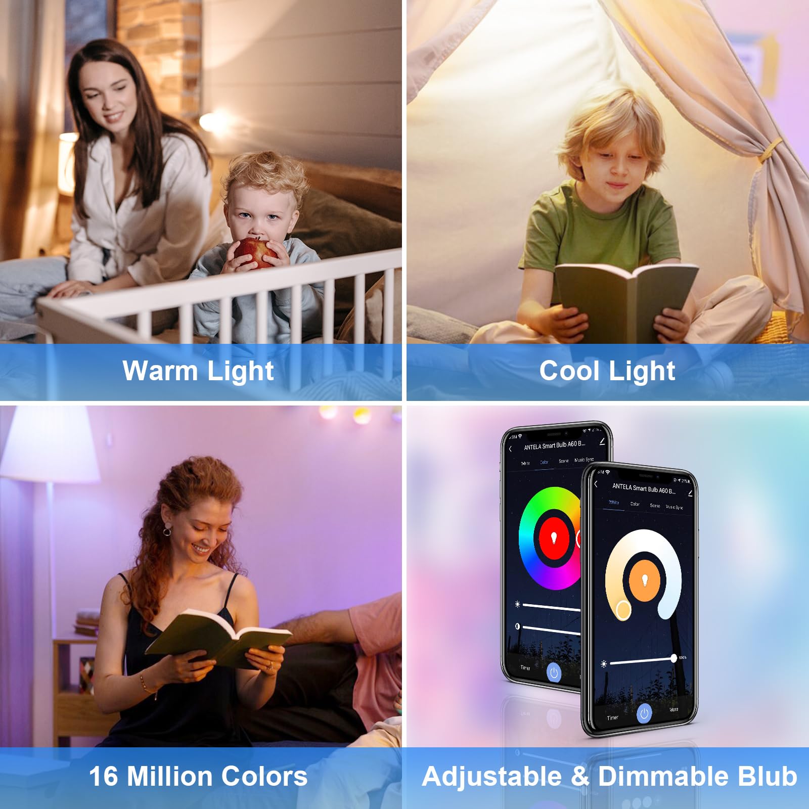 ANTELA Lampadina WiFi Intelligente E27, 9W 1000 Lumen Lampadine Led Smart Alexa Multicolore RGBCW Dimmerabile 2700-6500K, Funziona con Alexa e Google Home, Telecomando con APP, 4Pezzi