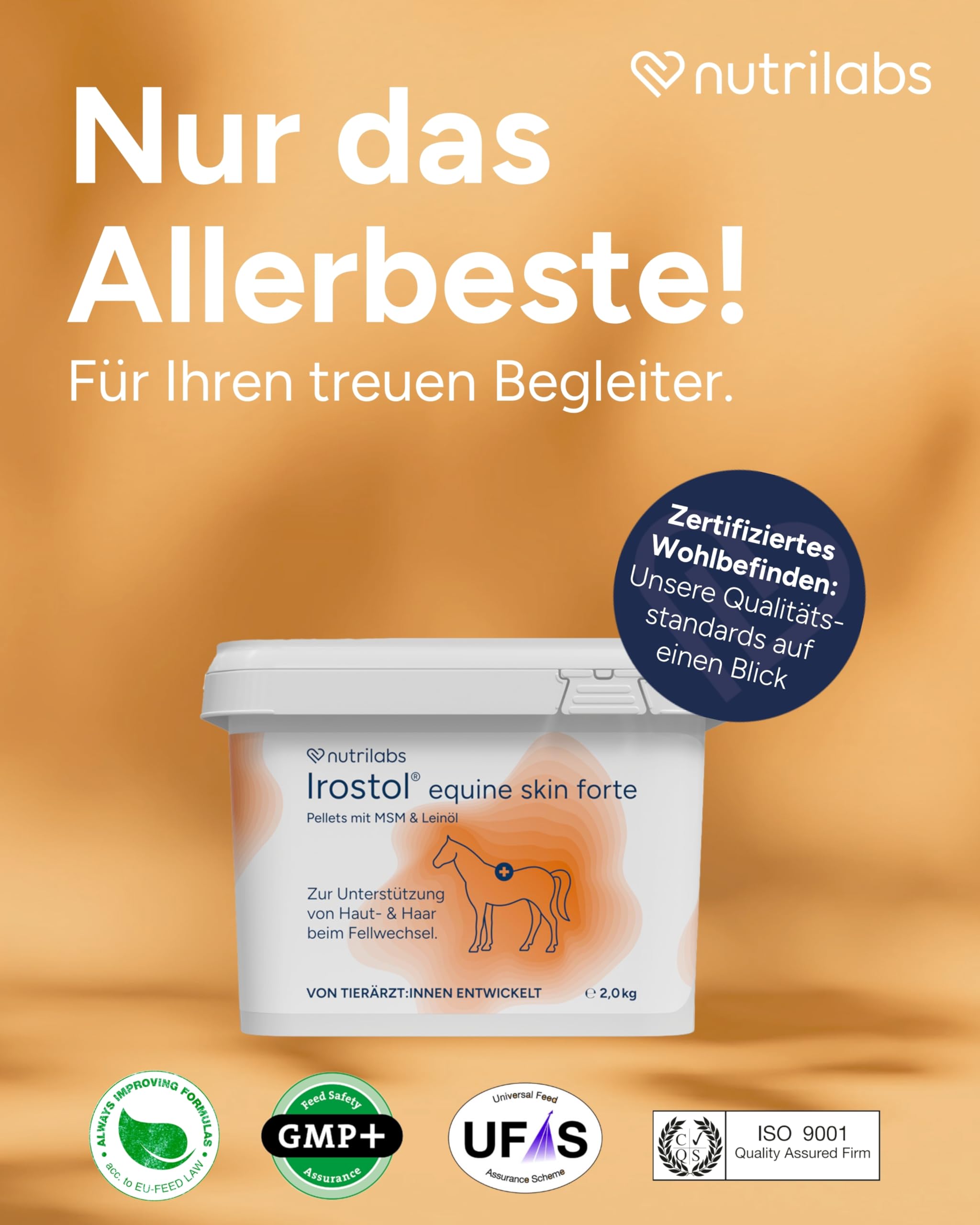 NutriLabs Irostol® Pferde Pellets 2 kg - Nahrungsergänzung mit Vitaminen, Biotin u.v.m. für Haut & Fellwechsel - MSM - Pferdeergänzungsfutter mit Biotin - Mineralien