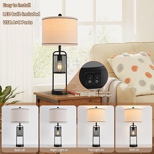 Miniatura 5 de Lámparas para sala de estar, juego de 2 lámparas de dormitorio, diseño industrial de metal moderno, luz nocturna con puerto USB, pantalla de lino,