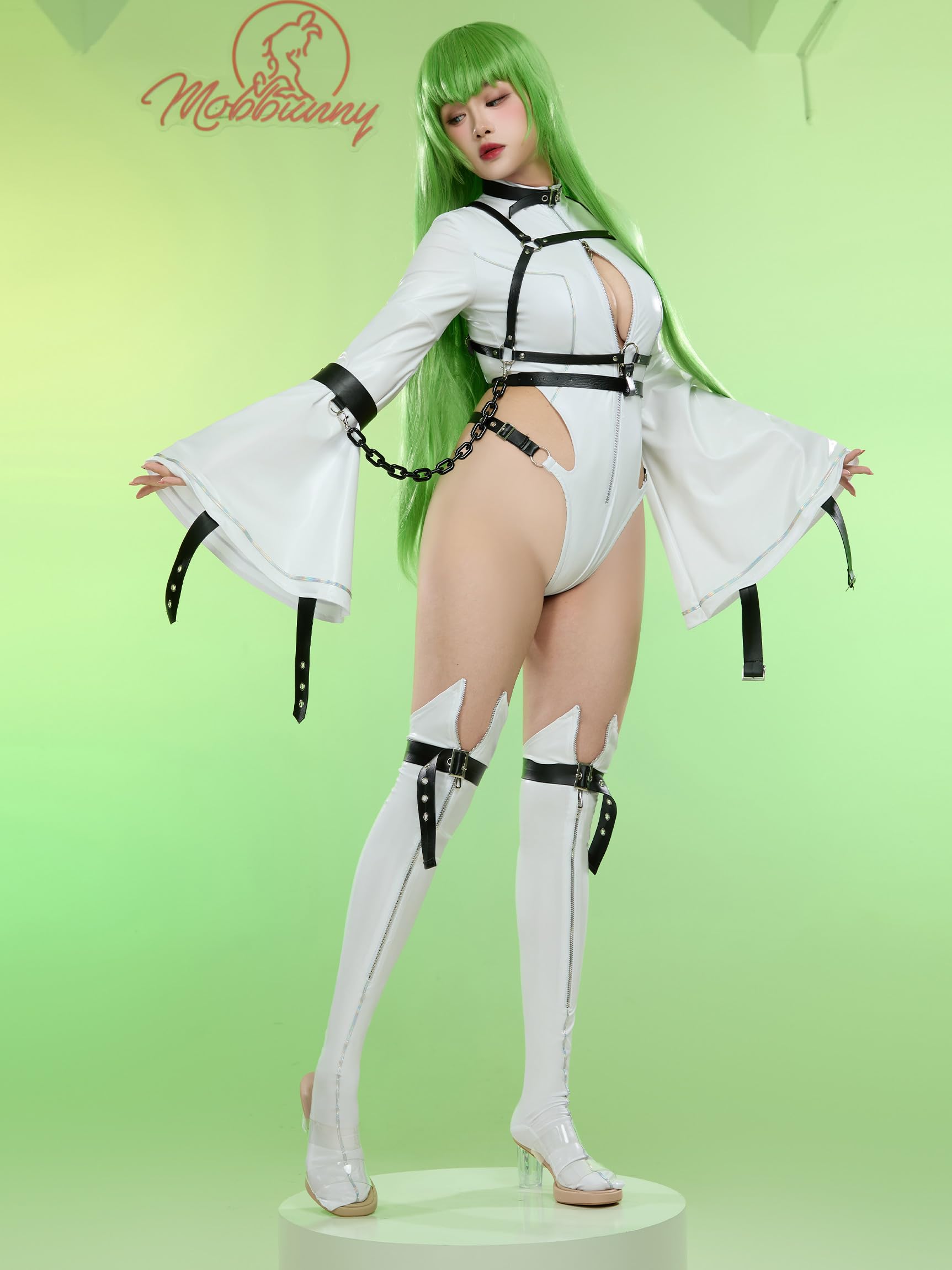 Mobbunny Women Anime Cosplay Costume Sexy Bodysuit Halloween Cutout Strap Jumpsuit With Stocking and Arm Ring: X-Large White