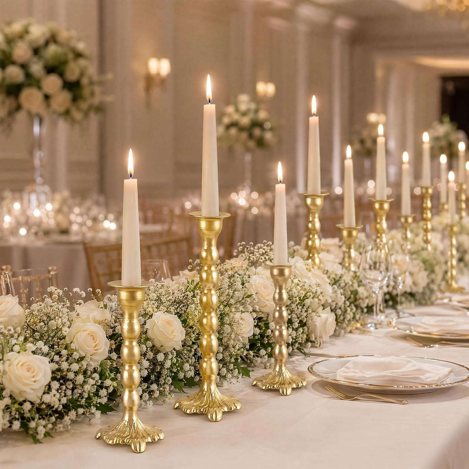 AIM & GGKK Gold Candlestick Holders Set of 3, Premium Metal Taper Candle Holders with Elegant Petal Base & Beaded Column Design, Matte Gold Finish for Table Centerpiece Wedding Party Home Decor