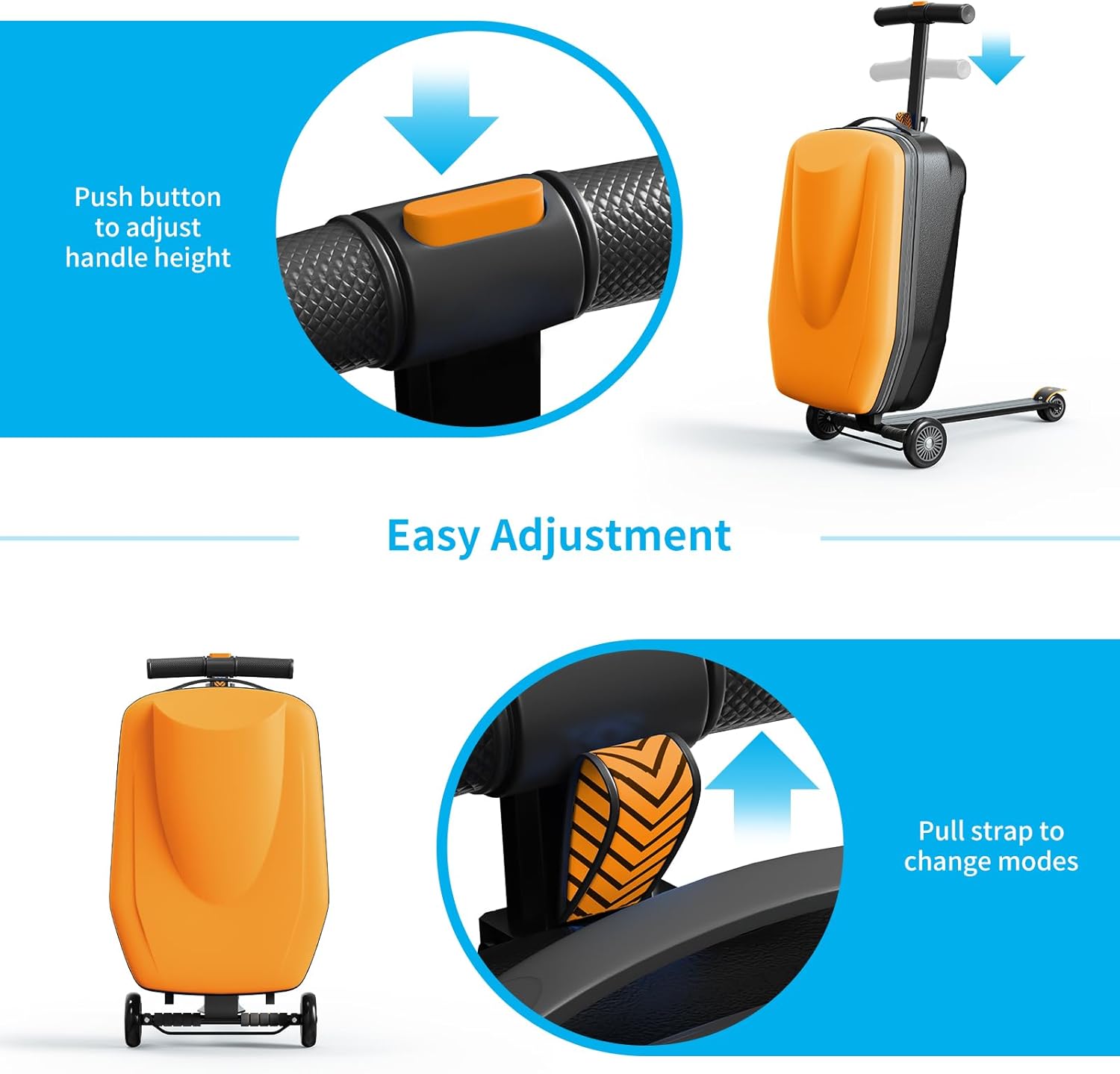 TABU 21" 3-D Hardshell Scooter Suitcase for Kid & Adult, Foldable Carry-on Scooter Luggage with Telescopic Handle, Multifunctional Lightweight Traveling Suitcase for Age 4-15, Orange