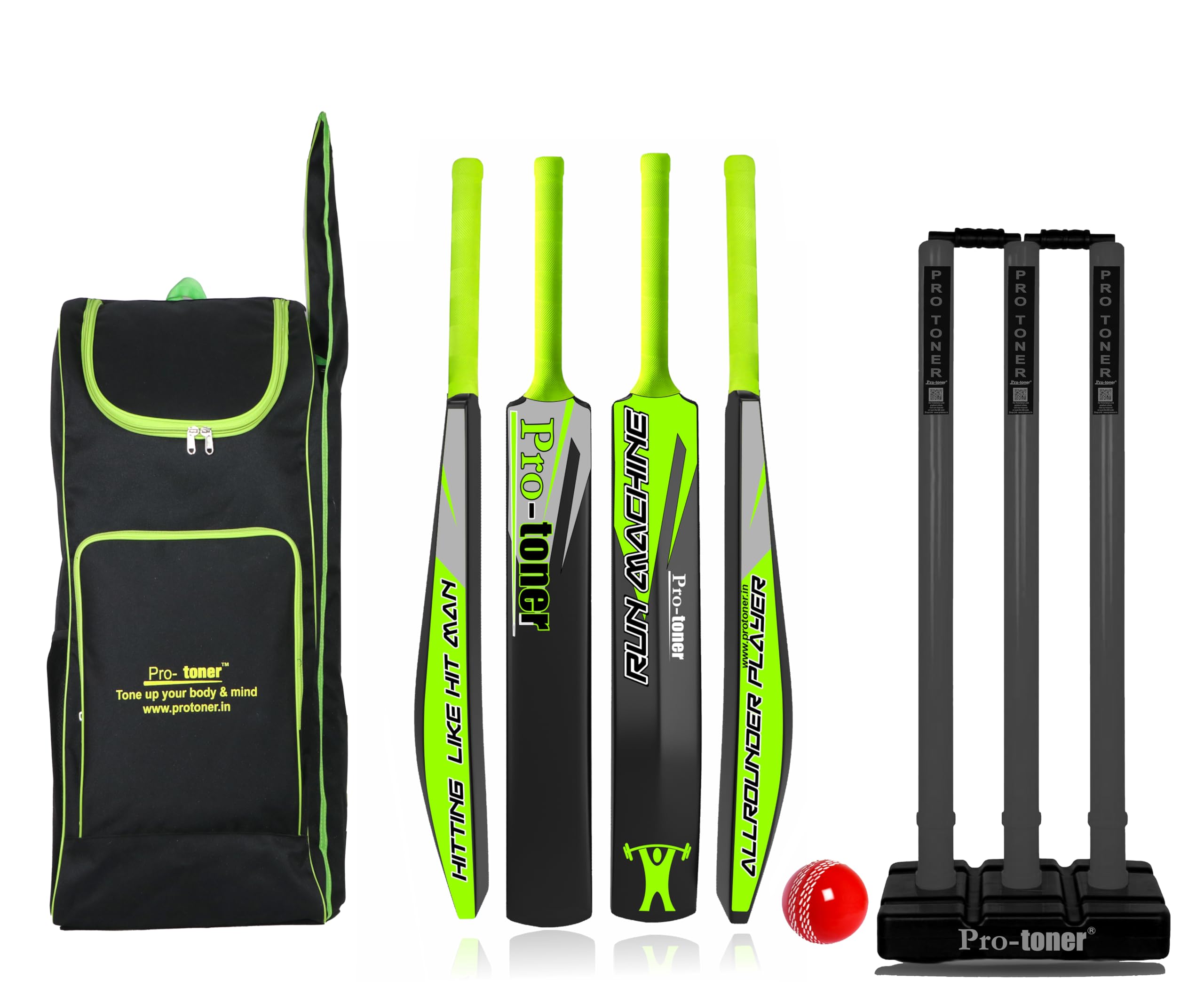 Protoner Cricket Set with Kit Bag, Full Size Bat, 3 Stumps Set and Ball, Black and Green (for Age 12+)