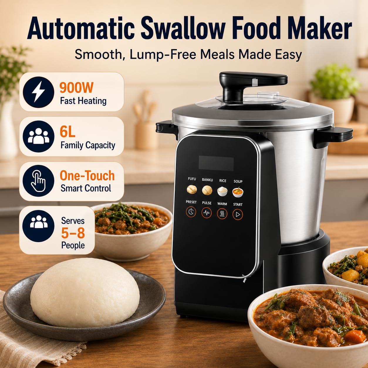 Pound Yam Automatique 6L Anti-adhésif Acier Inoxydable Cuisinière avec LED