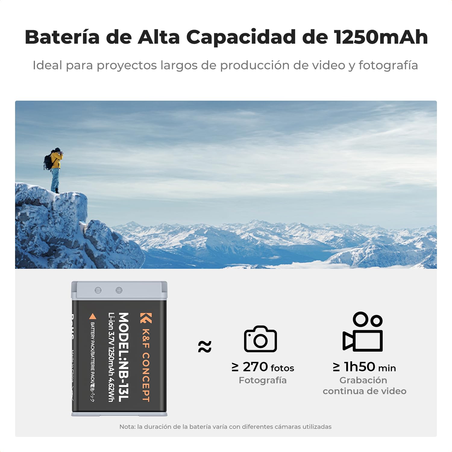 K&F CONCEPT NB-13L Batería de Repuesto 2-Pack con Cargador LCD Dual Slot, Compatible con Cámaras Canon EOS G7X3/G7X2/G9X/G5X/SX720HS