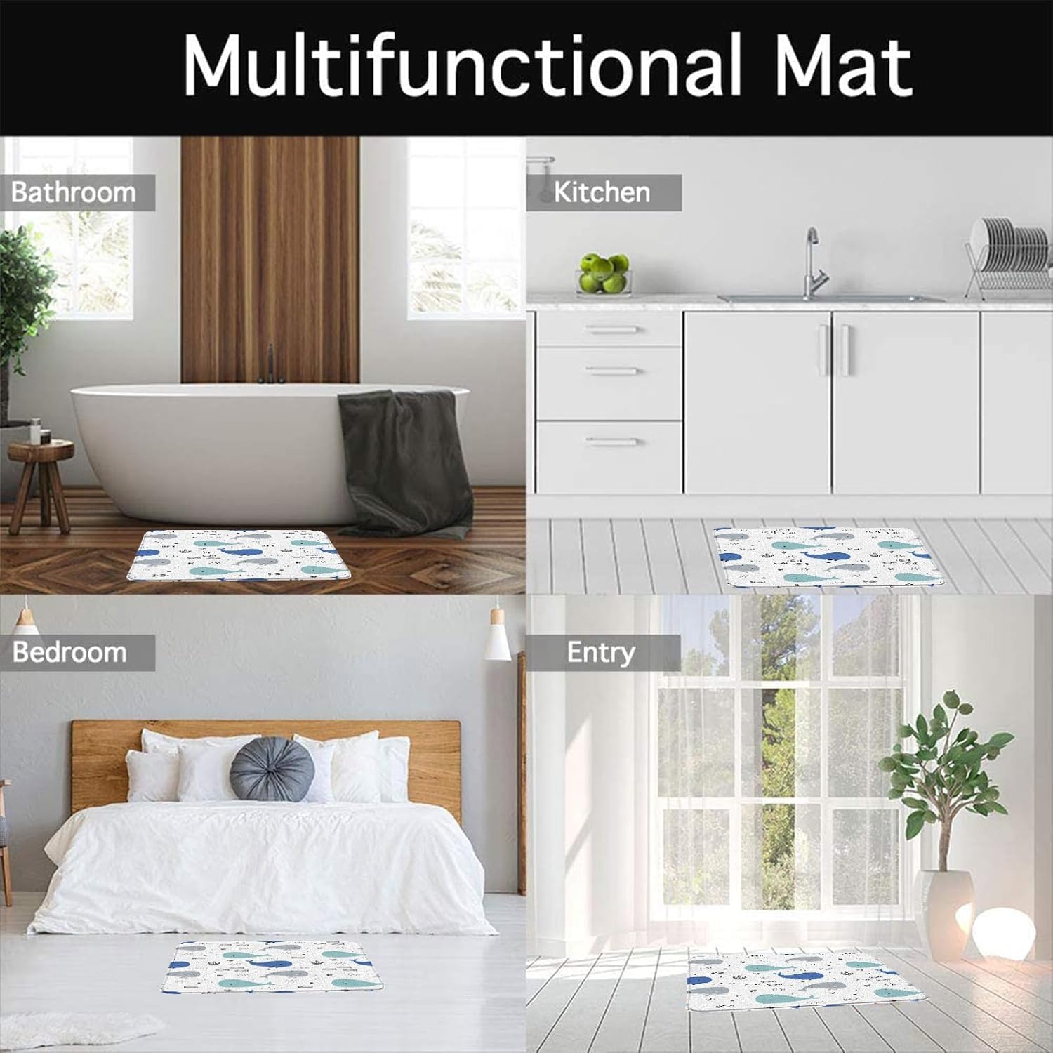 Cartoon Whale Large Long Bathroon Runner Rug,Ocean Animal Blue Gray Fish Underwater Tropical Fish Seaweed Funny Kitchen Doormat Bedroom Bath Mats,24x60 Inch